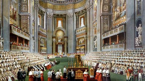 Papst Pius IX (Giovanni Maria Mastai Ferretti 1792-1878) eröffnet das Erste Vatikanischen Konzil im vollen Petersdom, farbige zeitgenössische Abbildung.