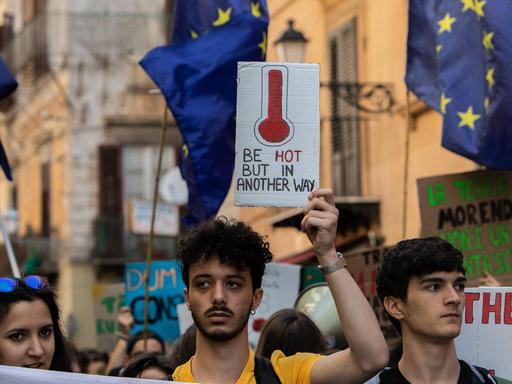 Junge Demonstranten bei Fridays for Future in der italienischen Stadt Palermo. Sie tragen Plakate gegen den Klimawandel und Europafahnen.