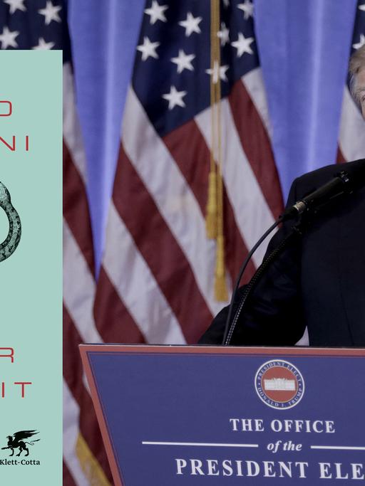 Cover von Michiko Kakutanis Buch "Der Tod der Wahrheit". Im Hintergrund sieht man ein Foto von US-Präsident Donald Trump, der 2017 eine Rede hält.