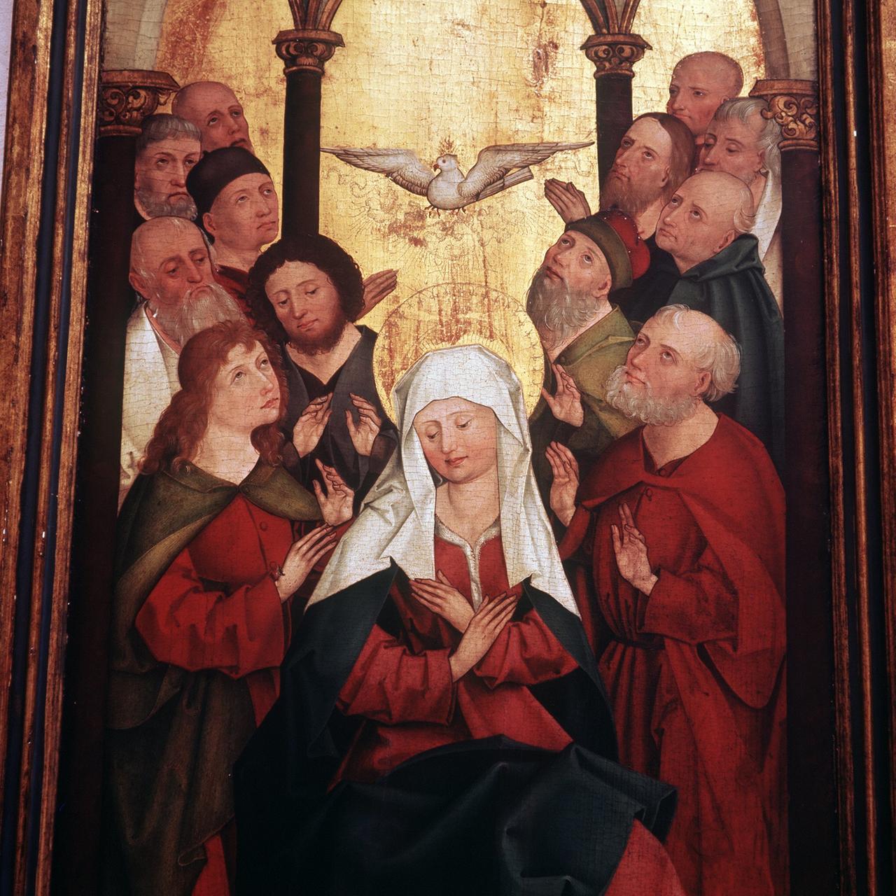 Das Gemälde eines südschwäbischen Meisters um 1480 mit dem sakralen Thema: "Die Ausgießung des Heiligen Geistes". Die Gläubigen werden durch eine Taube mit dem heiligen Geist erfüllt. Das Gemälde eines südschwäbischen Meisters um 1480 mit dem sakralen Thema: "Die Ausgießung des Heiligen Geistes". Die Gläubigen werden durch eine Taube mit dem heiligen Geist erfüllt.