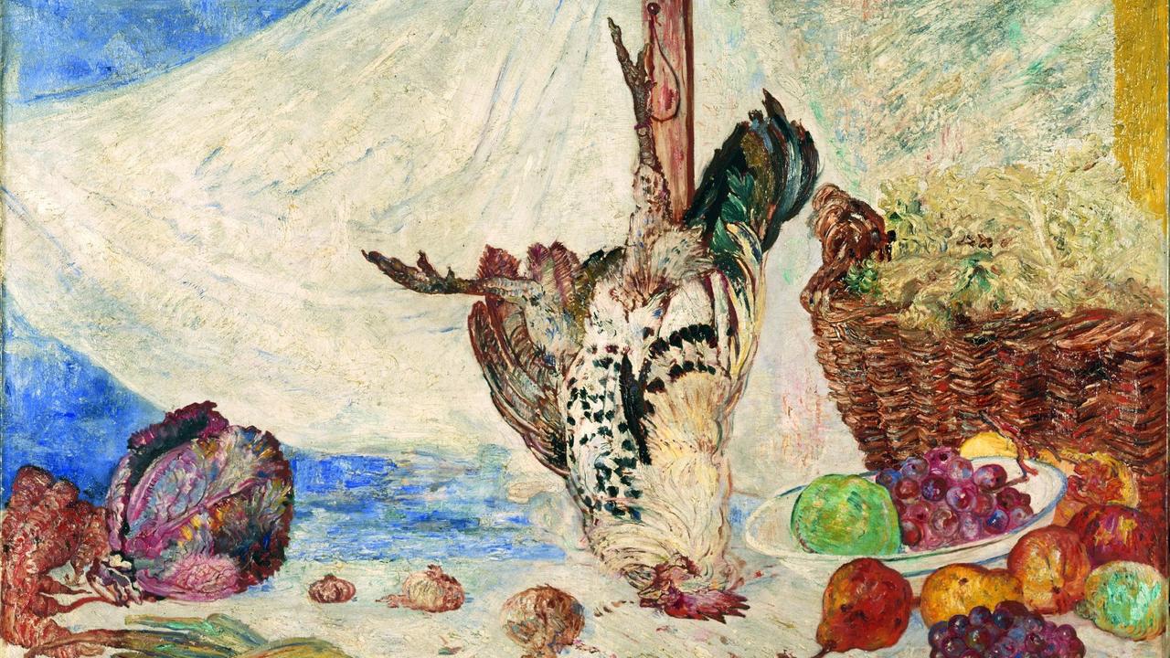 Das Gemälde zeigt einen toten Hahn der kopfüber nach unten hängt