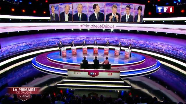 TV-Debatte der Sozialisten in Frankreich im Sender TF1: Arnaud Montebourg, Jean Luc Bennahmias, Francois De Rugy, Vincent Peillon, Benoit Hamon, Manuel Valls, Sylvia Pinel.