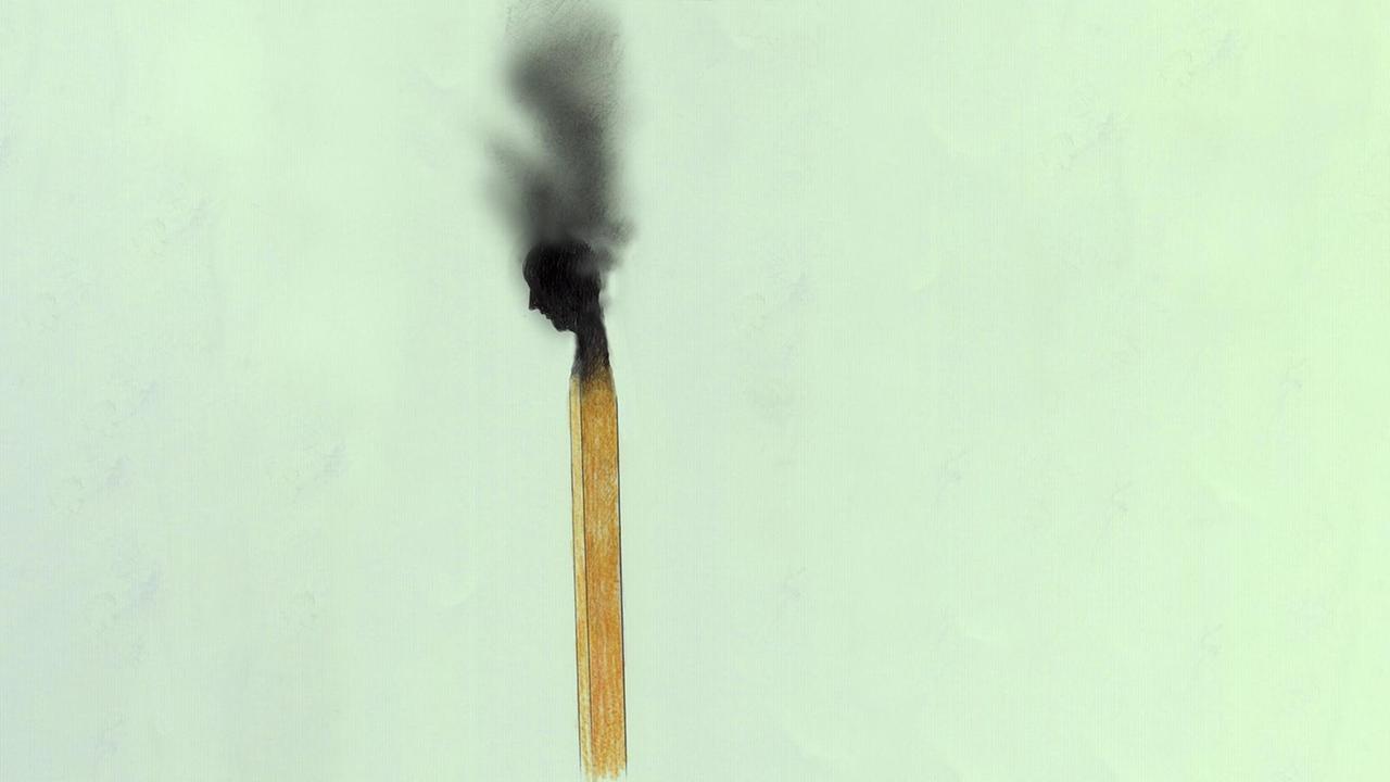 Illustration: Kopf eines Mannes auf ausgebranntem Streichholz. Illustration: Kopf eines Mannes auf ausgebranntem Streichholz.