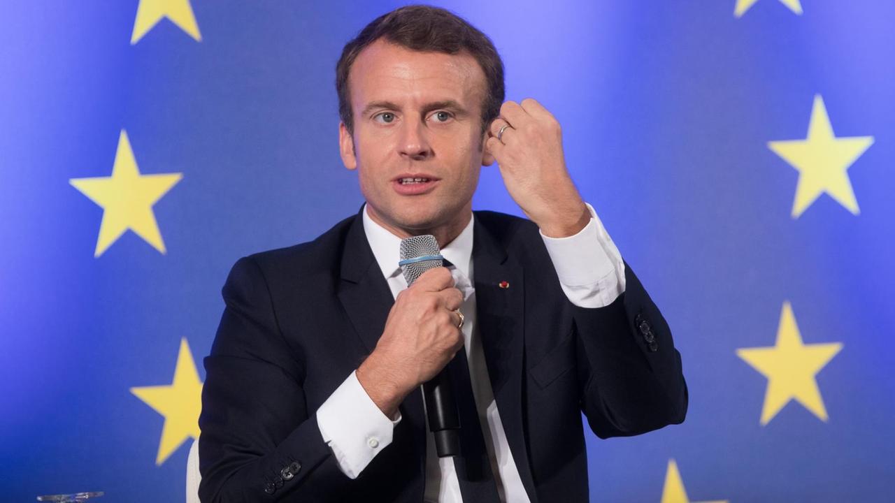 Frankreichs Staatspräsident Emmanuel Macron spricht in der Frankfurter Johann Wolfgang Goethe-Universität. Das Thema der Festveranstaltung lautet "Debatte über die Zukunft Europas".