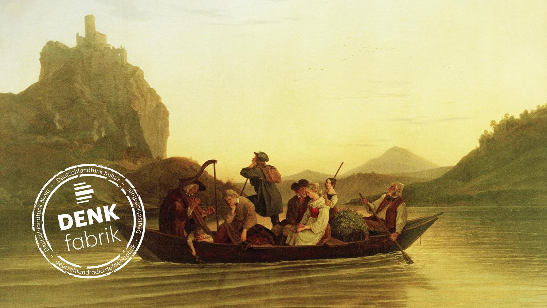 Das Ölgemälde "Die Überfahrt am Schreckenstein" von Ludwig Richter zeigt ein Boot in dem mehrere Personen sitzen. Ein Mann spielt Harfe, ein Paar ist ineinander vertieft und ein Mann schaut sehnsuchtsvoll zur Burg Schreckenstein hinauf.