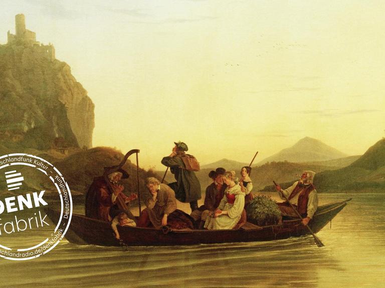 Das Ölgemälde "Die Überfahrt am Schreckenstein" von Ludwig Richter zeigt ein Boot in dem mehrere Personen sitzen. Ein Mann spielt Harfe, ein Paar ist ineinander vertieft und ein Mann schaut sehnsuchtsvoll zur Burg Schreckenstein hinauf.