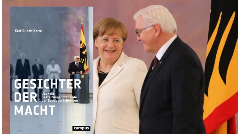 Das Cover des Buches von Karl-Rudolf Korte, "Gesichter der Macht". Im Hintergrund Angela Merkel mit Frank-Walter Steinmeier im Haus Bellevue.