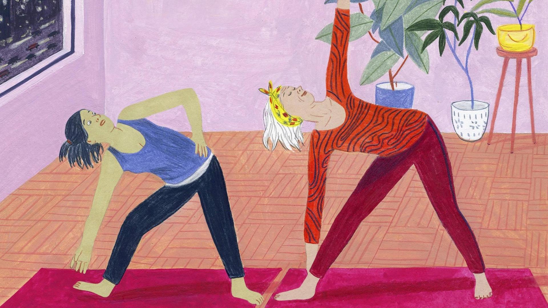 Illustration: Eine junge und eine ältere Frau machen zusammen Yoga. Illustration: Eine junge und eine ältere Frau machen zusammen Yoga.