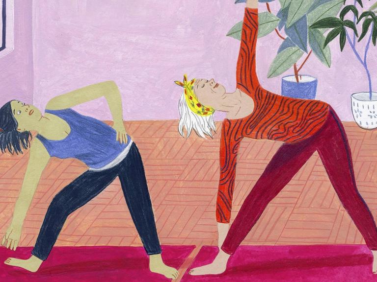 Illustration: Eine junge und eine ältere Frau machen zusammen Yoga.