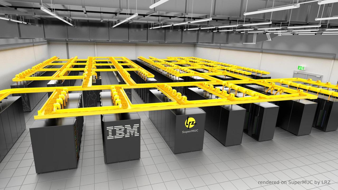 Ein computergeneriertes Bild des SuperMUC Mit heißem Wasser gekühlt: Die Supercomputer-Anlage "SuperMUC" des Leibniz-Rechenzentrums in München