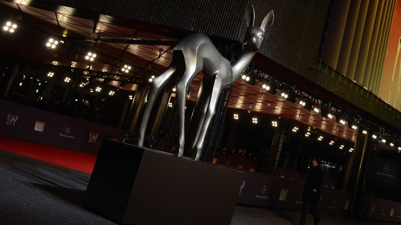 A Bambi statue stands in front of the venue where will take place the Bambi awardings in Duesseldorf, western Germany, on November 22, 2012. The Bambis are the main German media awards.