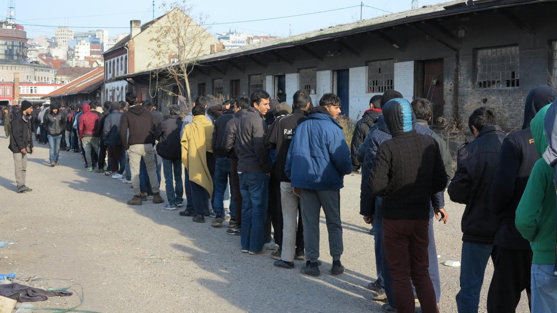 Flüchtlinge warten am 26.11.2016 vor dem verlassenen Zollager im Zentrum von Belgrad (Serbien) geduldig auf eine Schale mit Gemüsesuppe. 1000 Portionen werden hier täglich von einer privaten Hilfsorganisation verteilt. Flüchtlinge warten am 26.11.2016 vor dem verlassenen Zollager im Zentrum von Belgrad (Serbien) geduldig auf eine Schale mit Gemüsesuppe. 1000 Portionen werden hier täglich von einer privaten Hilfsorganisation verteilt.