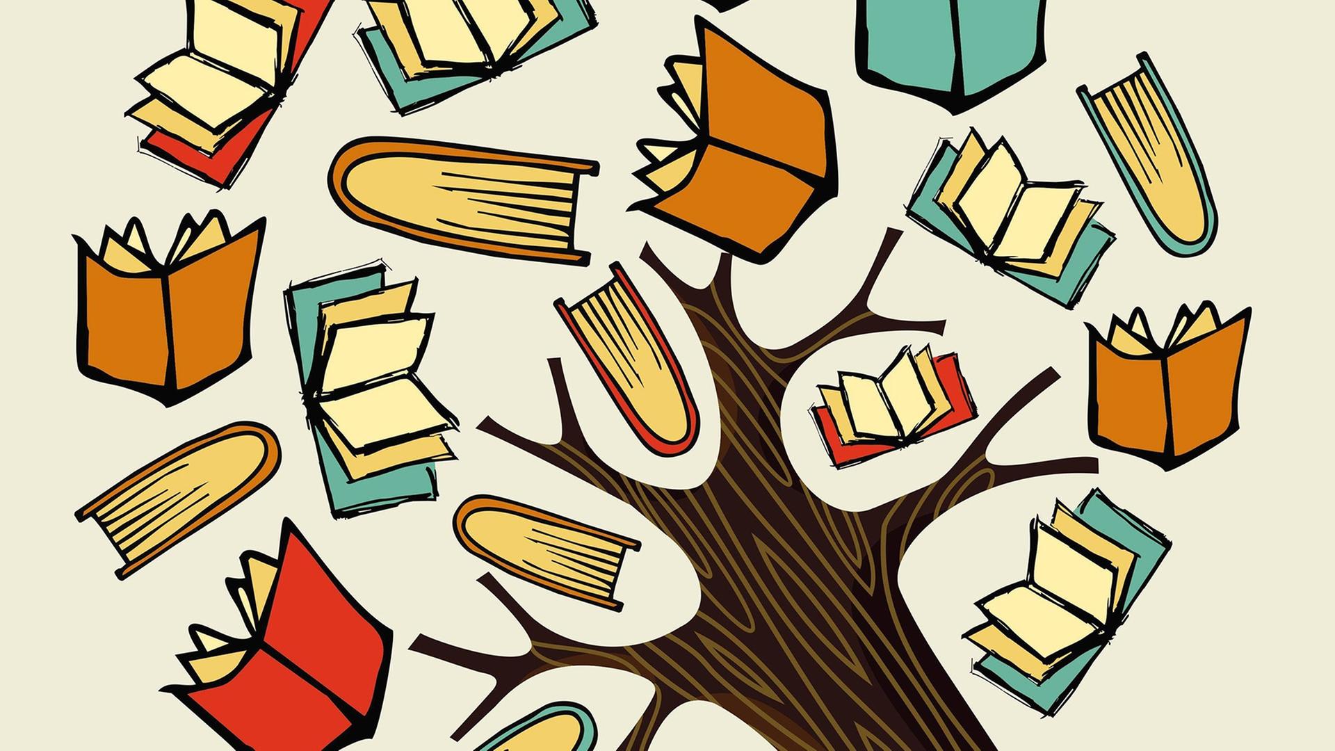 Eine Illustration zeigt viele Bücher anstatt von Blättern in einem stilisierten Baum Eine Illustration zeigt viele Bücher anstatt von Blättern in einem stilisierten Baum