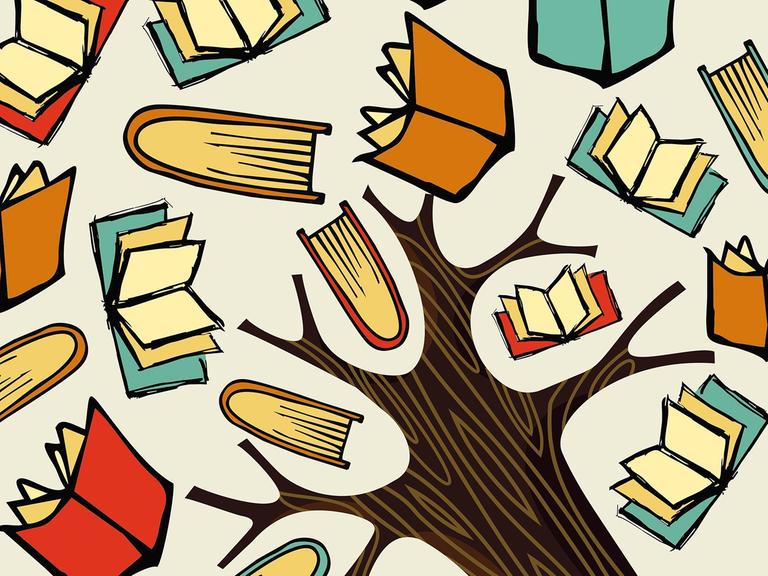 Eine Illustration zeigt viele Bücher anstatt von Blättern in einem stilisierten Baum
