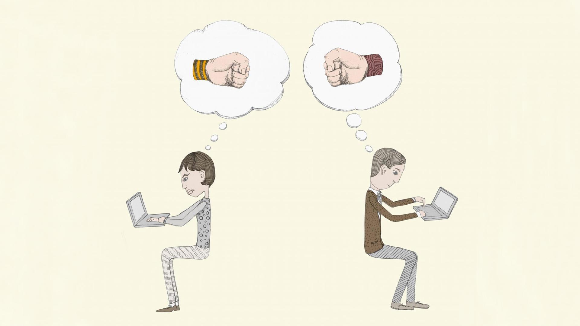 Eine Illustration zeigt Gedankenwolken mit Fäusten über zwei Personden, die Rücken an Rücken auf Laptops arbeiten. Eine Illustration zeigt Gedankenwolken mit Fäusten über zwei Personden, die Rücken an Rücken auf Laptops arbeiten.