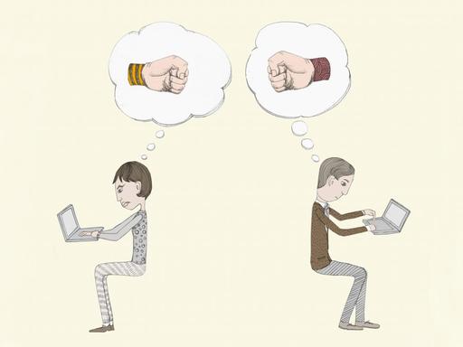 Eine Illustration zeigt Gedankenwolken mit Fäusten über zwei Personden, die Rücken an Rücken auf Laptops arbeiten.