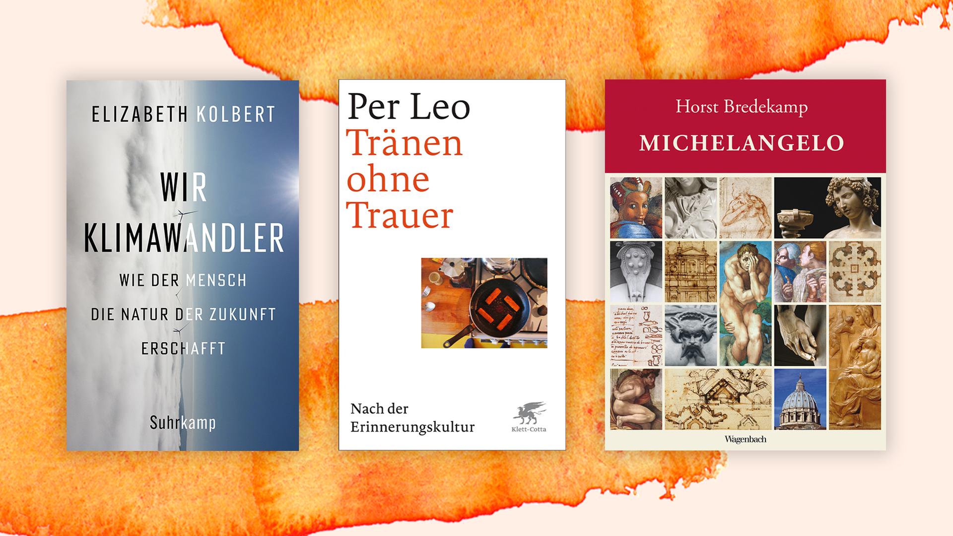 Die Top drei der Sachbuchbestenliste: Das Buch von Elizabeth Kolbert "Wir Klimawandler, Per Leos "Tränen ohne Trauer" und Horst Bredekamps "Michelangelo" 