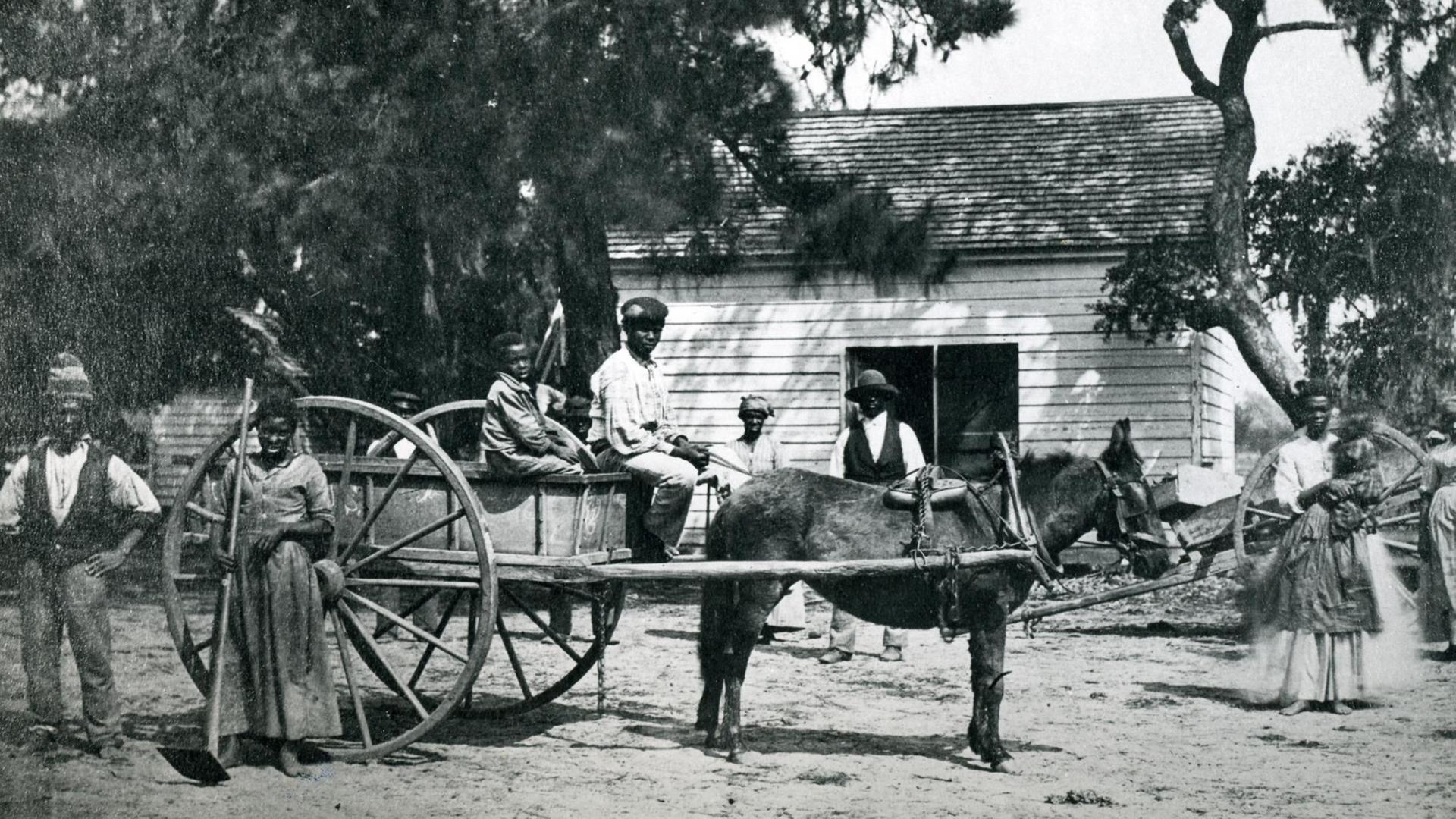 Sklaven auf der Plantage von James Hopkinson in South Carolina, USA. Fotografie von 1862 (Henry P. Moore). Sklaven auf der Plantage von James Hopkinson in South Carolina, USA. Fotografie von 1862 (Henry P. Moore).