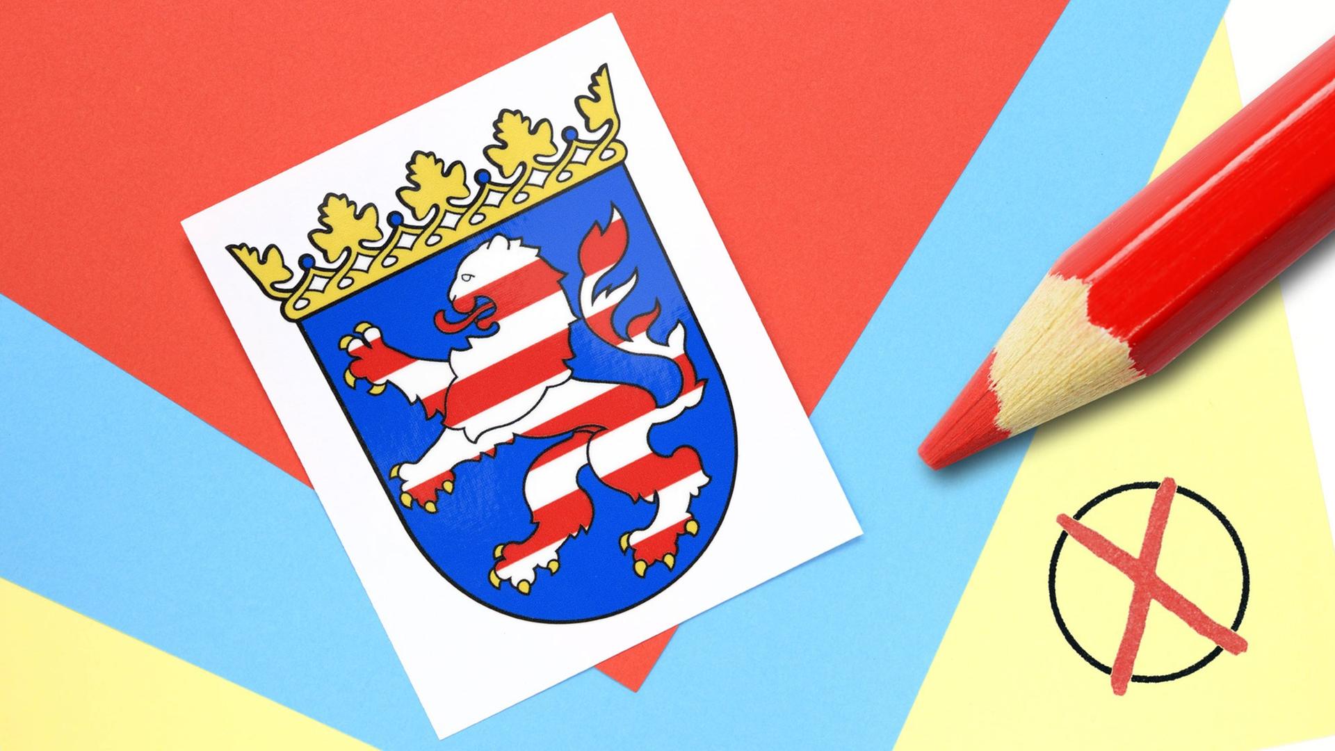 Landeswappen von Hessen mit Wahlkreuz und Stift, Symbolfoto Landtagswahl in Hessen Landeswappen von Hessen mit Wahlkreuz und Stift, Symbolfoto Landtagswahl in Hessen