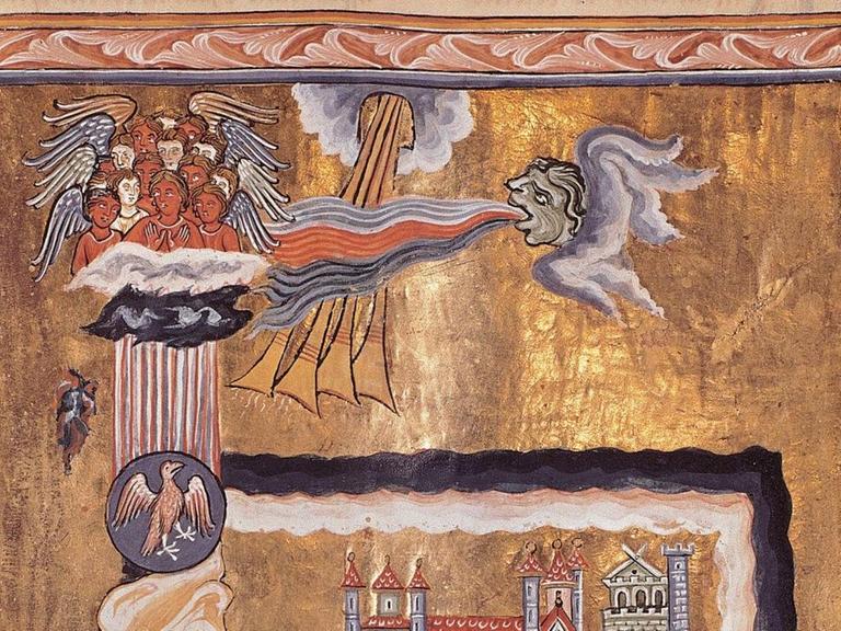 Der Aussschnitt eines Bildes einer Handschrift zeigt Engel, die über Mauern schweben, lange Trompeten und einen Vogel.