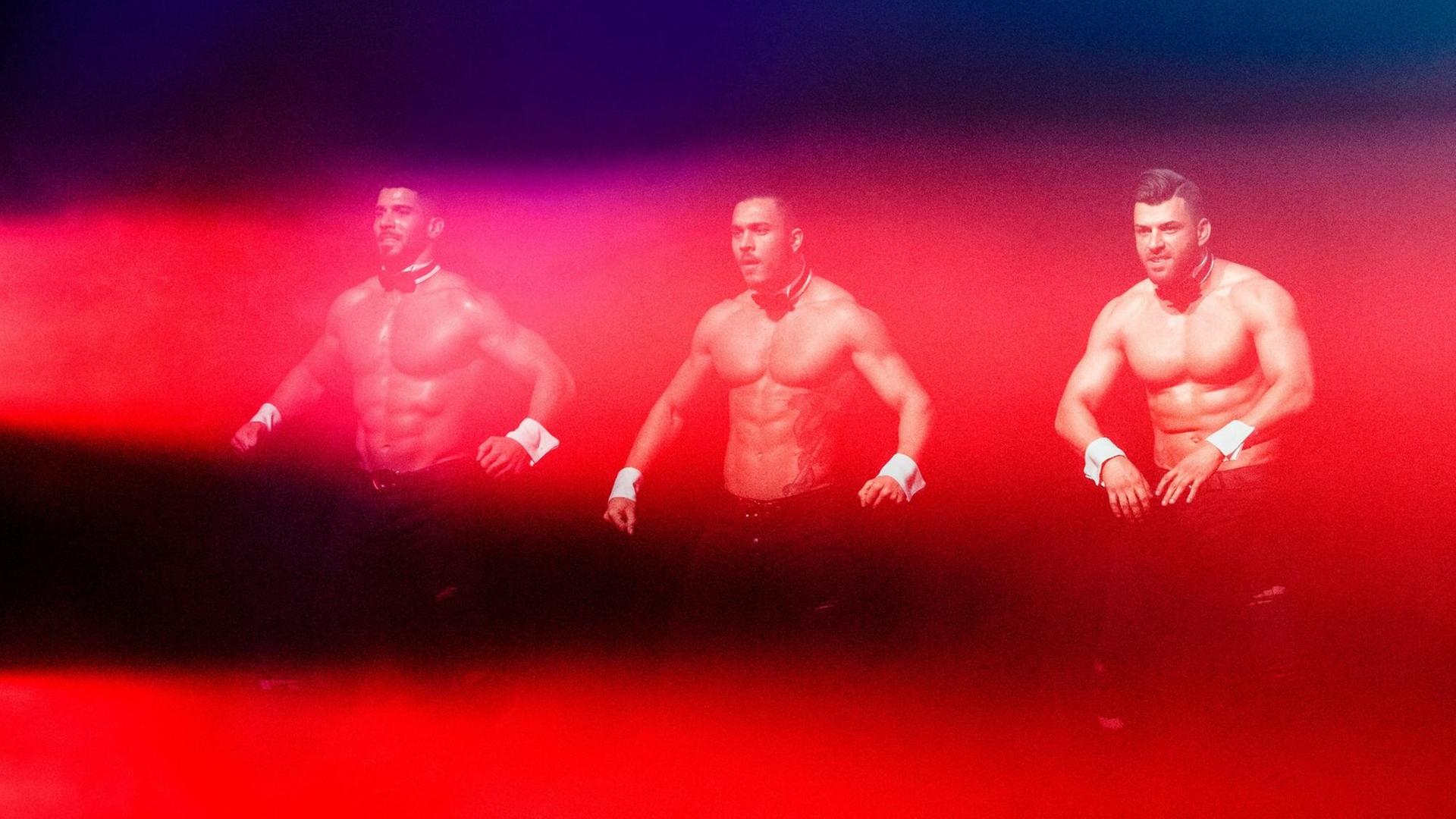 Drei Tänzer der Chippendales, getaucht in rote Lichtsäulen, performen 2017 in Hamburg im Mehr! Theater am Großmarkt. Drei Tänzer der Chippendales, getaucht in rote Lichtsäulen, performen 2017 in Hamburg im Mehr! Theater am Großmarkt.