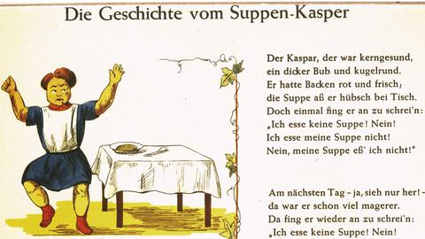 Graphische Darstellung von "Die Geschichte vom Suppen-Kaspar" aus dem "Struwwelpeter" von Heinrich Hoffmann.