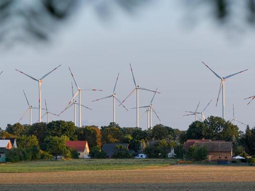 Im brandenburgischen Sieversdorf stehen viele Windräder eines Windparkes in unmittelbarer Nähe zu Einfamilienhäusern.