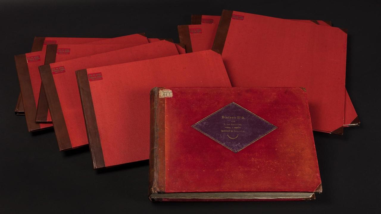 Neun rot gebundene Bände unterschiedlicher Formate liegen dicht beieinander. Neun rot gebundene Bände unterschiedlicher Formate liegen dicht beieinander.
