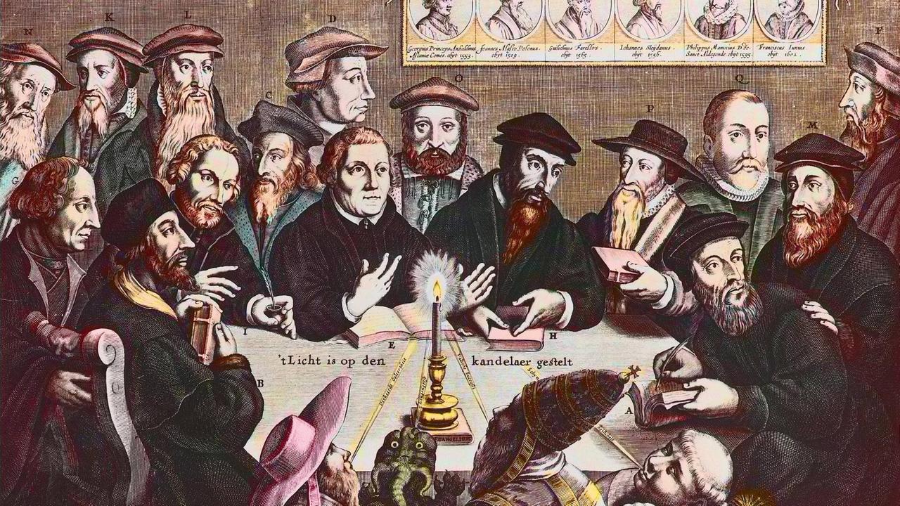 Das Licht ist auf den Kandelaber gestellt - Jan Houwen stellt ein imaginäres Treffen Luthers und Calvins mit anderen Reformatoren dar, darunter auch John Wyclif. Das Licht ist auf den Kandelaber gestellt - Jan Houwen stellt ein imaginäres Treffen Luthers und Calvins mit anderen Reformatoren dar, darunter auch John Wyclif.