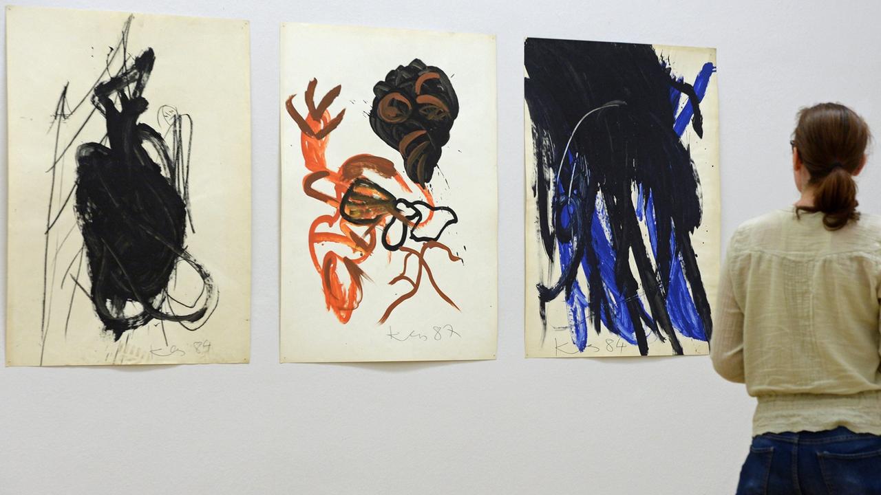 Eine Besucherin betrachtet am 9.5.2014 Acrylarbeiten von Klaus Hähner-Springmühl (1950-2006) in der Ausstellung "Hommage à Klaus Hähner-Springmühl" in den Kunstsammlungen Chemnitz. Eine Besucherin betrachtet am 9.5.2014 Acrylarbeiten von Klaus Hähner-Springmühl (1950-2006) in der Ausstellung "Hommage à Klaus Hähner-Springmühl" in den Kunstsammlungen Chemnitz.