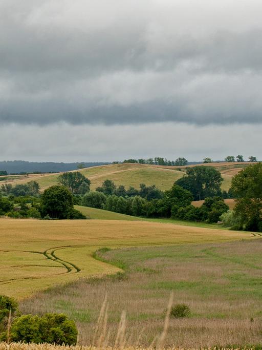 Dunkle Wolken ziehen über das Boitzenburger Land (Brandenburg).
