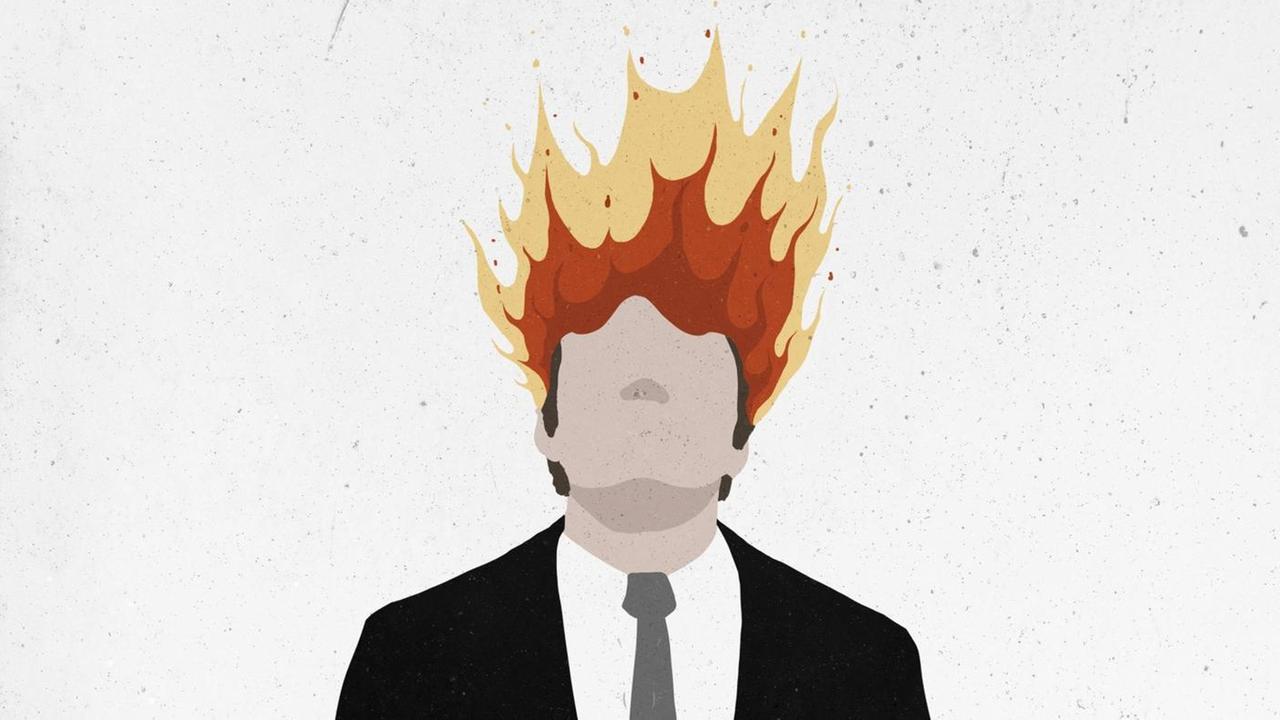 Illustration eines Mannes mit einem Feuerkranz auf dem Kopf.
