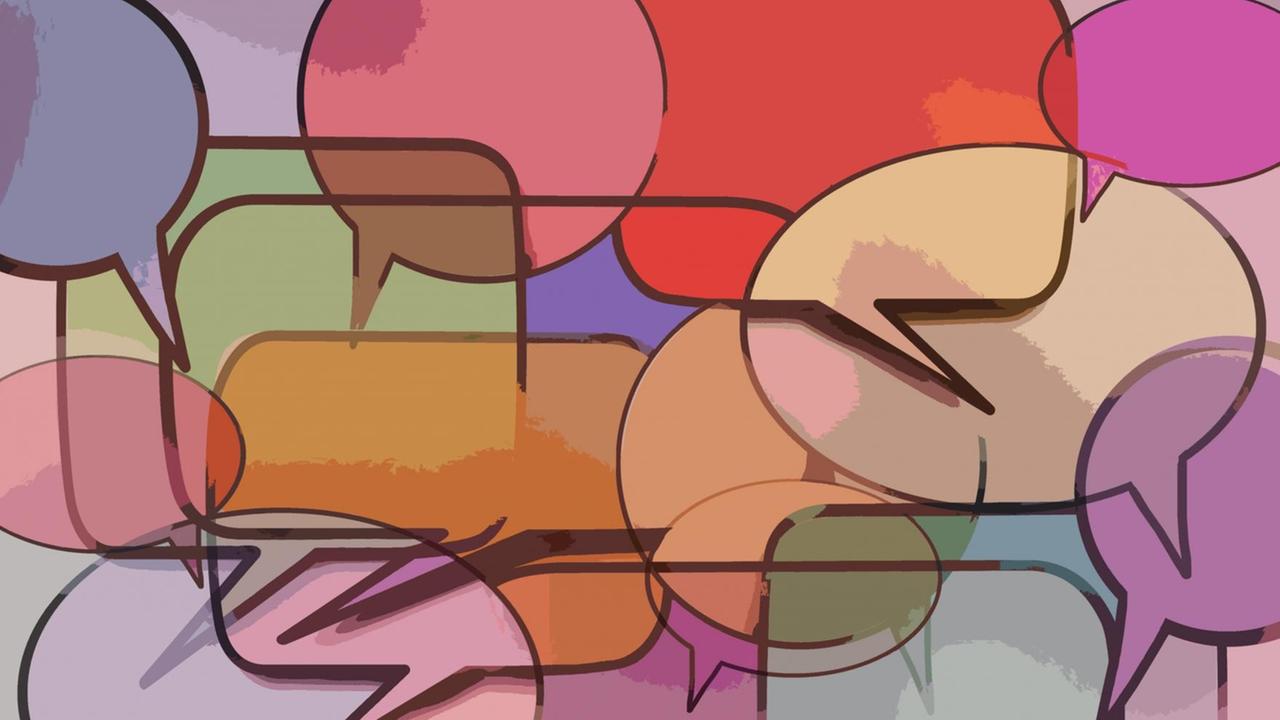 Illustration: viele bunte Spechblasen, die übereinander und nebeneinander stehen. Illustration: viele bunte Spechblasen, die übereinander und nebeneinander stehen.