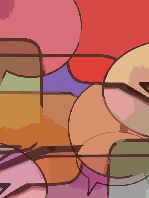 Illustration: viele bunte Spechblasen, die übereinander und nebeneinander stehen.