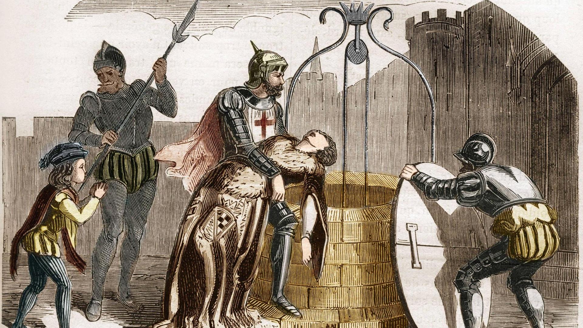 Illustration von Gilles de Rais, der ein Opfer verschwinden lässt. Illustration von Gilles de Rais, der ein Opfer verschwinden lässt.