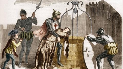 Illustration von Gilles de Rais, der ein Opfer verschwinden lässt.