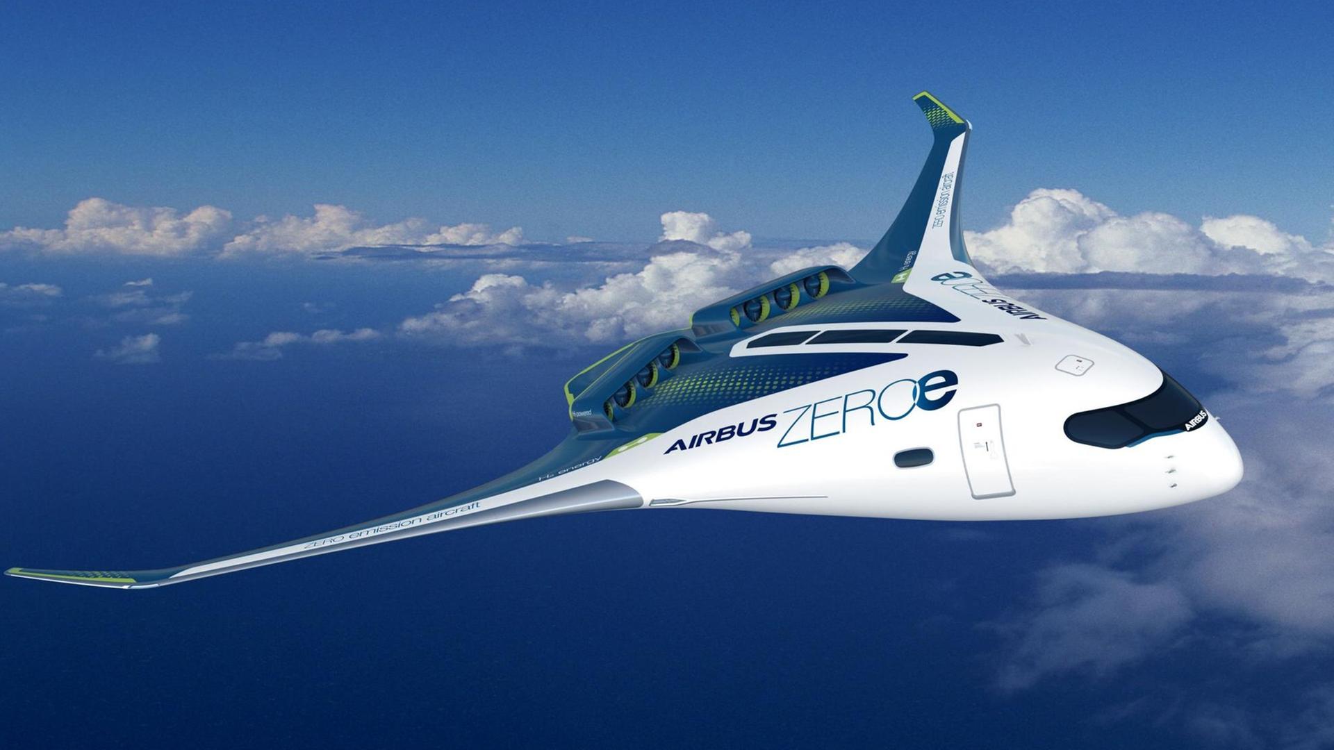 Eine undatierte grafische Darstellung zeigt ein Konzept für ein Flugzeug mit Wasserstoffantrieb für bis zu 200 Passagiere des Luftfahrtkonzerns Airbus.