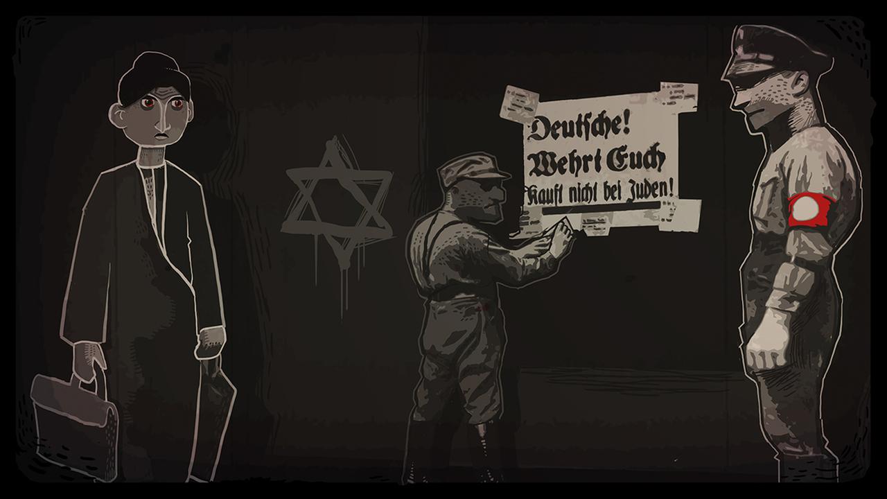 Zwei Personen bobachten den im Hintergrund brennenden Reichstag. Eine Szene aus dem Computerspiel "Through the Darkest of Times". Zwei Personen bobachten den im Hintergrund brennenden Reichstag. Eine Szene aus dem Computerspiel "Through the Darkest of Times".