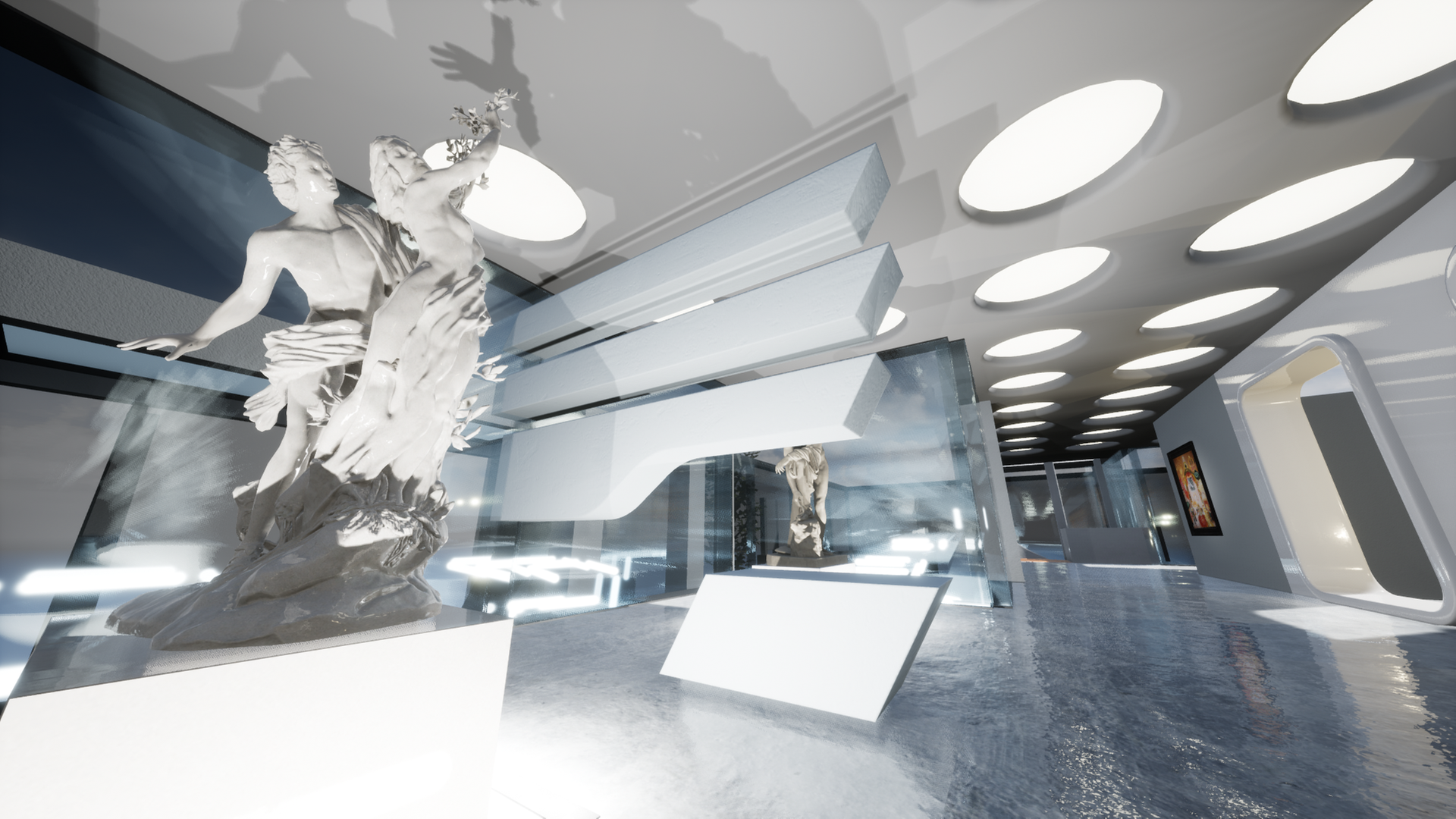 Eine Szene aus dem Computerspiel "Occupy White Walls". Zu sehen ist eine antike Skulptur, die auf einem Podest steht. Sie wird in einer futuristisch anmutenden Galerie ausgestellt. Eine Szene aus dem Computerspiel "Occupy White Walls". Zu sehen ist eine antike Skulptur, die auf einem Podest steht. Sie wird in einer futuristisch anmutenden Galerie ausgestellt.