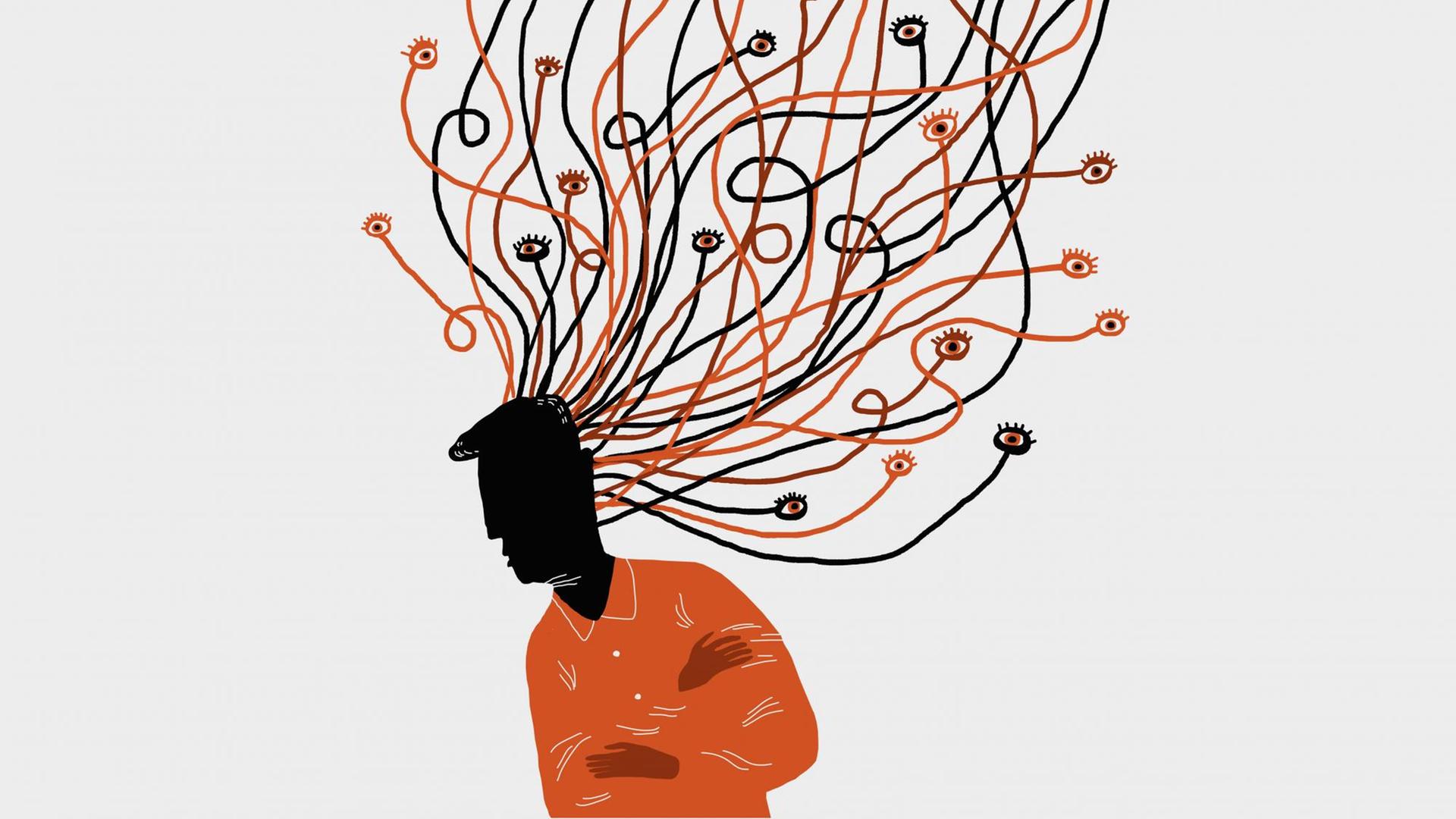 Eine Illustration zeigt verworrene Linien und viele Augen um den Kopf eines Mannes herum. Eine Illustration zeigt verworrene Linien und viele Augen um den Kopf eines Mannes herum.