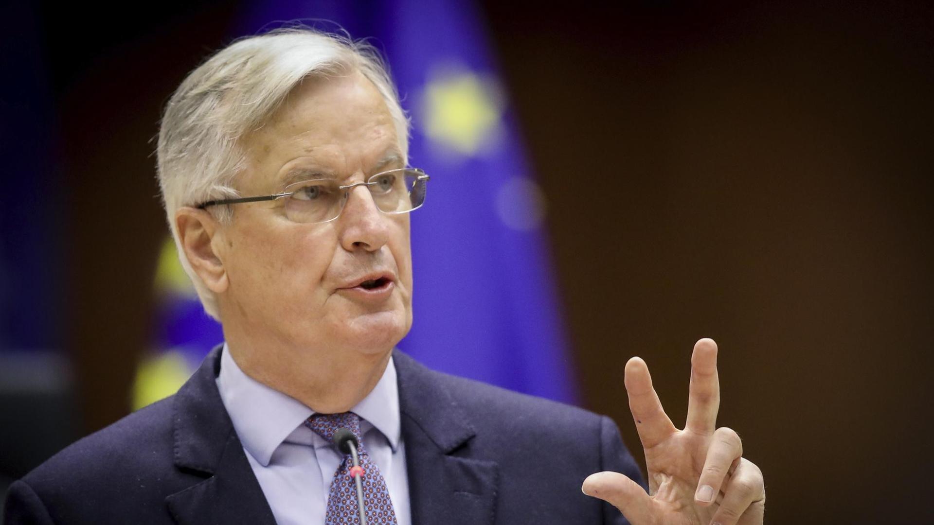Der Leiter der Task Force für die Beziehungen der EU mit Großbritannien, Michel Barnier, bei einer Rede im Europaparlament in Brüssel Der Leiter der Task Force für die Beziehungen der EU mit Großbritannien, Michel Barnier, bei einer Rede im Europaparlament in Brüssel