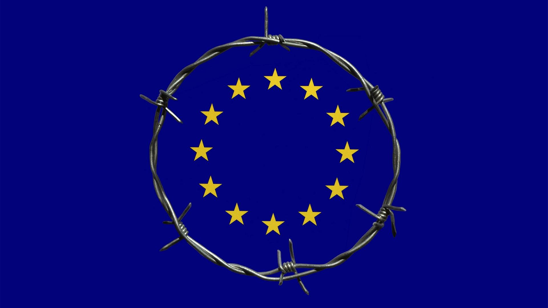 Das EU-Emblem in einem Stacheldrahtkreis Das EU-Emblem in einem Stacheldrahtkreis