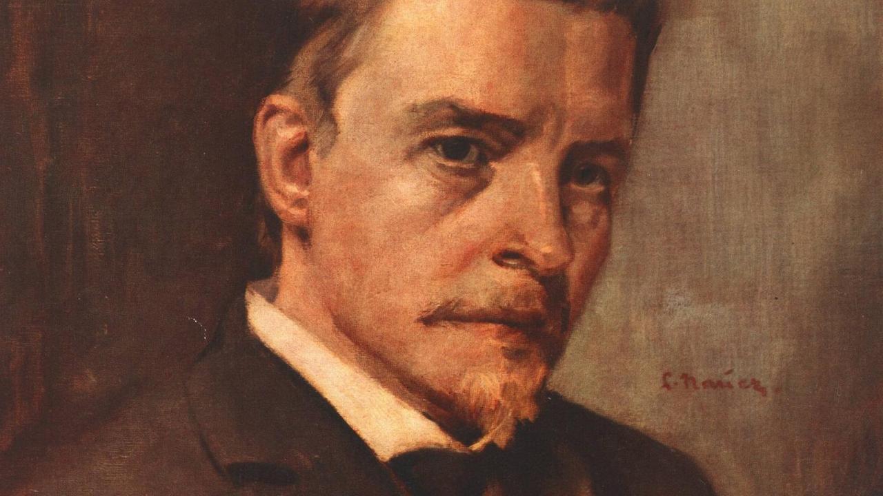 Gemälde von Hugo Wolf. Das Bild ist bräunlichen Tönen gehalten, Wolf trägt ein braunes Sakko und Tuch. Gemälde von Hugo Wolf. Das Bild ist bräunlichen Tönen gehalten, Wolf trägt ein braunes Sakko und Tuch.
