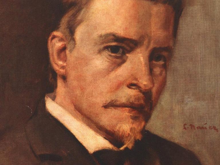 Gemälde von Hugo Wolf. Das Bild ist bräunlichen Tönen gehalten, Wolf trägt ein braunes Sakko und Tuch.