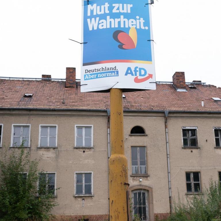Ein Wahlplakat der AfD hängt vor einem verlassenen Wohnhaus. Im Wahlkreis Görlitz hat die AfD bei der Bundestagswahl die bundesweit höchste Prozentzahl an Zweitstimmen bekommen.