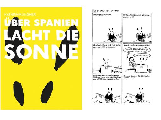 Links wird das Cover des Comics gezeigt: vier schwarze Flecken auf gelbem Untergrund, die den Kopf eines Hasen andeuten. Rechts wird eine Seite aus dem Comic gezeigt, die exemplarisch darstellt, wie schnell Hasstexte unter anonymem Nutzernamen im Netz landen.