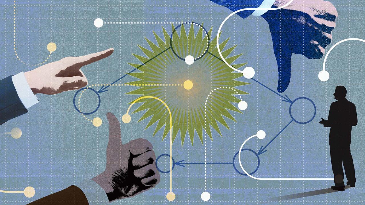 Unsicherer Geschäftsmann umgeben von widersprüchlichen Hand- und Pfeilzeichen. Unsicherer Geschäftsmann umgeben von widersprüchlichen Hand- und Pfeilzeichen.