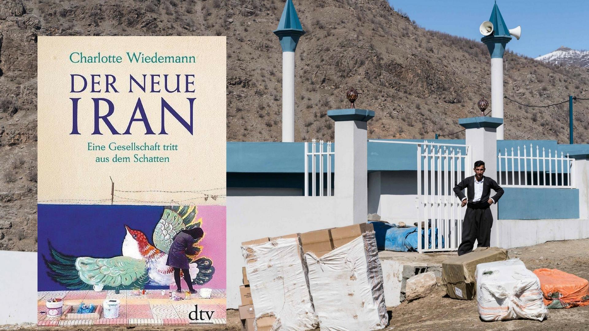 Buch "Der neue Iran" vor dem Hintergrund einer Baustelle in einem Bergdorf im Iran