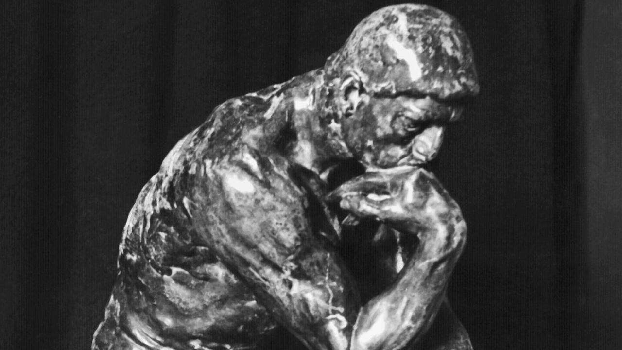 Schwarz-Weiß-Aufnahme der Skulptur "Der Denker" aus dem Jahre 1904 des berühmten französischen Bildhauers, Grafikers und Malers Auguste Rodin (12.11.1840 - 17.11.1917). Schwarz-Weiß-Aufnahme der Skulptur "Der Denker" aus dem Jahre 1904 des berühmten französischen Bildhauers, Grafikers und Malers Auguste Rodin (12.11.1840 - 17.11.1917).