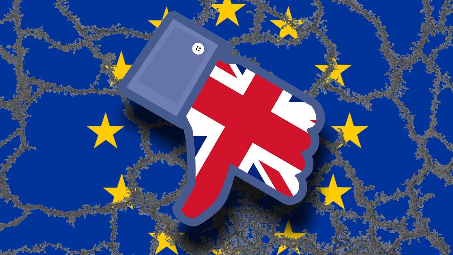 Symbolbild zum Brexit: Eine erodierende Flagge der Europäischen Union mit einem Facebook-Dislike in der Mitte Symbolbild zum Brexit: Eine erodierende Flagge der Europäischen Union mit einem Facebook-Dislike in der Mitte